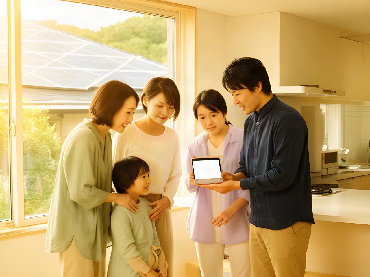 長野県の住宅で太陽光発電のモニターを確認する家族
